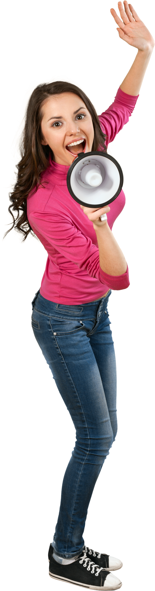 Brunette Female Yelling into a Megaphone